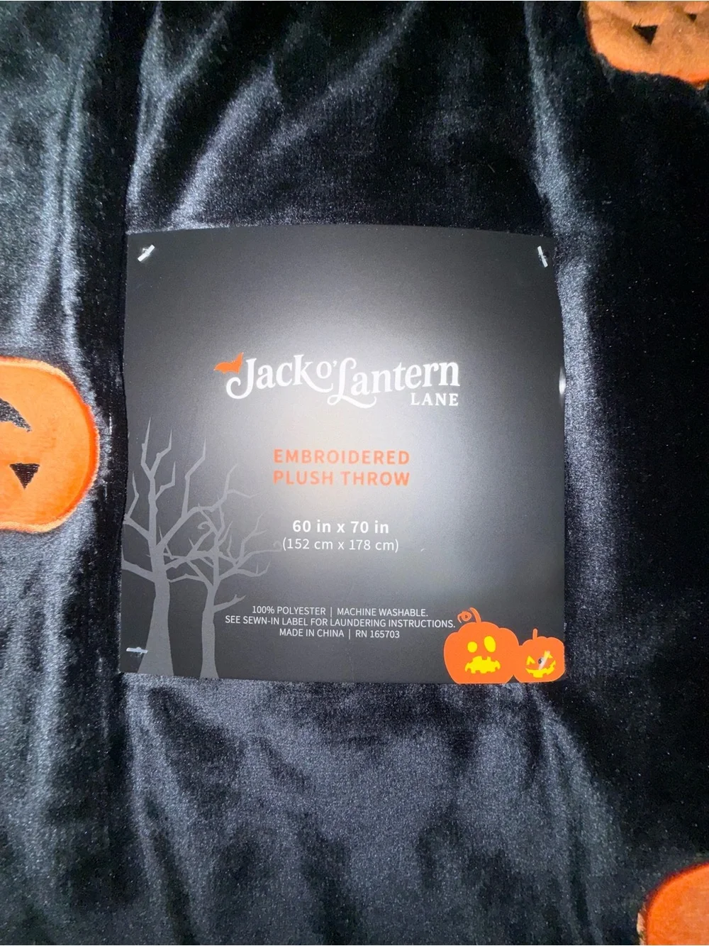NEW Jack O'Lantern Lane Black FUZZY EMBROIDERED Pumpkin Patch Plush 60x70” Throw